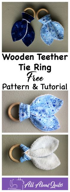 three different pictures with the words wooden teether tie ring pattern and how to use them