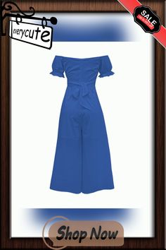 Blue Short Sleeve Wide Leg Off Shoulder Jumpsuit Blue Jumpsuits And Rompers For Work In Summer, Blue Jumpsuits And Rompers For Summer Workwear, Chic Blue Short Sleeve Jumpsuits And Rompers, Off Shoulder Jumpsuit, Blue Shorts, Off Shoulder, Wide Leg, Jumpsuit, Rompers