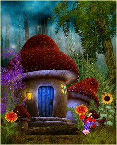 a painting of a mushroom house in the woods with flowers and plants around it, surrounded by sunflowers