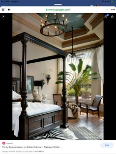 a bedroom with a canopy bed and zebra rug