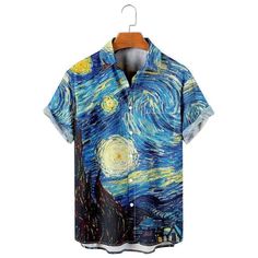 Starry Night Shirt - h0neybear Casual Cotton Tops For Night, Cotton Shirt With Star Print For Summer, Casual Short Sleeve Tops For Night, Van Gogh The Starry Night, Retro Van, Gogh The Starry Night, Iconic Artwork, The Starry Night, Cool Hawaiian Shirts