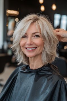 10. Shaggy Medium Cut with Ash Blonde Tones (Layered Hairstyles For Women Over 50) - Layered Hairstyles For Women Over 50 Grey Hair Journey, Shaggy Bob Hairstyles, Silver White Hair, Shag Cut, Choppy Layers, Mother Of The Bride Hair, Layered Hairstyles, Gray Hair Cuts