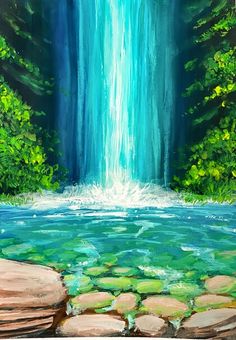 a painting of a waterfall in the woods