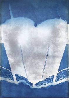 a blue and white painting with some clouds in the sky above it that is shaped like a heart