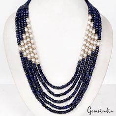 840 Cts Handmade 5 Strands Blue Sapphire Beads & White Pearl Necklace 18-21" Pearl Necklace With Sapphire, Sapphire Beads Necklace, Sapphire Beads, Designer Necklace, White Pearl Necklace, Jewelry Beautiful, Sapphire Color, Pearl Gemstone, Oxidized Silver