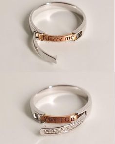 two different types of rings with names engraved on the side and one has a diamond in it