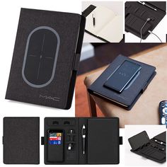 several different types of electronic gadgets and accessories are shown in this collage, including an ipad case