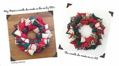 a wreath made out of fabric and ribbon on top of a wooden table next to an image of a christmas wreath