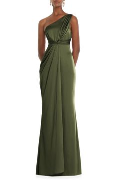 A gathered, knotted bodice lends a romantic draped effect to a floor-grazing satin gown with a one-shoulder neckline. 61 1/2" length (size 8) One-shoulder neck Sleeveless Lined 100% polyester Dry clean or machine wash, line dry Imported Bridesmaids Styles, Mother Of The Groom Gowns, Green Formal Dresses, Dessy Collection, Mother Of The Bride Dresses Long, Curated Closet, Wedding Options, Elegant Weddings, Mother Of The Bride Gown