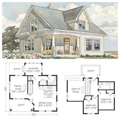 two story house plans with garage and living room on the first floor are shown in this drawing