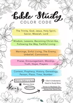 the bible study color code with flowers and words on it in black, white, blue,