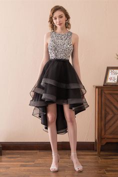 High Low Black Prom Dress With Sparkly Bodice For Teens Black Homecoming Dress, Black Prom Dress, Beaded Prom Dress, Black Prom, Short Prom Dress, Black Tulle, Short Prom, Black Prom Dresses, Dresses For Teens