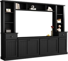 a black entertainment center with an empty white screen on it's sides and shelves