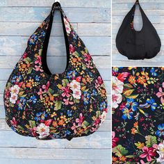 Beautiful handmade night flowers print boho style bag for summer. Black floral beach bag, also can be used as a large shopping bag, market bag or purse. Fabric bag made from home decor fabric, very durable and long lasting tote bag. This boho bag is handmade. I use only careful tested fabrics, so it would last for long time.  The bag is one double sided, can be used from both sides (reversible), one side black floral patterns print, other black cotton/polyester home decor fabric.  About bag: Dimensions: 74 cm hight x 61 cm wide (29 inches hight x 24 inches wide) Fabric: 60% polyester, 40% cotton home decor fabric Extras: Pocket with zipper inside for keys or small things All our bags and aprons goes nicely packed in a gift boxes, so you do not need to order gift packing. It will come packe Black Floral Print Tote Bag, Black Rectangular Shoulder Bag With Floral Print, Multicolor Floral Print Tote Beach Bag, Black Floral Print Shoulder Bag For Everyday Use, Bohemian Multicolor Floral Print Bag, Elegant Black Floral Print Shoulder Bag For Everyday Use, Black Floral Print Shoulder Bag, Elegant Black Floral Print Shoulder Bag, Floral Print Tote Shoulder Bag For Vacation