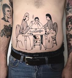 a man with tattoos on his stomach has a drawing of three people sitting at a table