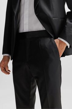 BOSS - Tuxedo trousers in virgin-wool serge Business Pants, Black Business, Hugo Boss, Online Store, Slim Fit, For Men, Wool