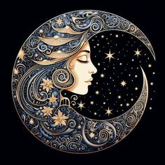 a woman's face in the moon with stars and swirls around her head