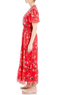 A smocked waist defines the silhouette of a maxi dress finished in a bold pattern for eye-catching appeal. 52 3/4" length Surplice V-neck Short sleeves Lined 100% polyester Machine wash, line dry Imported Smocked Maxi Dress, Max Studio, Red Floral, Smocking, Nordstrom Rack, Short Sleeves, Nordstrom, Maxi Dress, Size Small