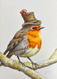 a drawing of a bird with a hat on it's head sitting on a branch