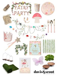 a collage of various items and decorations for a fairy party