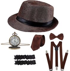 PRICES MAY VARY. You will Receive -- 1 x 1920s Manhattan fedora hat, 1 x gangster armbands, 1 x vintage pocket watch, 1 x suspenders Y-back trouser braces, 1 x pre tied bow tie, 1 x gangster tie 1920s Accessories for Men -- Perfect for Great Gatsby themed party. The toy pocket watch looks like real because it have some weight and had a little clasp to open it like a real pocket watch. Great Gatsby Accessories -- Cute bow tie and necktie is made by smooth satin, comfortable and easy to wear. Clas Roaring 20s Party Outfit Men, Roaring 20s Party Outfit, Roaring 20s Accessories, 1920s Mens Costume, Great Gatsby Accessories, Gangster Costume, Bugsy Malone, Prohibition Party, Gangster Costumes