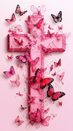 the cross is surrounded by pink butterflies