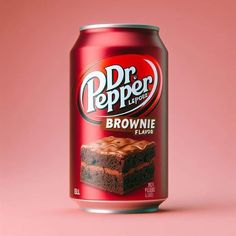 a can of dr pepper's brownie flavored drink on a pink background