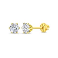 For your daughters first studs, you cant go wrong with these 14k yellow gold simulated diamond birthstone earrings. The prong style allows the clear CZ stone to shine brightly all day and night. These gold earrings for baby girls have screw back fasteners that keep them on your childs ears no matter how playtime gets. These earrings are suitable for your child's sensitive ears so you dont have to worry about the posts irritating your toddlers lobes. This delightful pair of earrings comes package Toddler Earrings, Baby Earrings, Diamond Birthstone, Gold Jewelry Earrings, Birthstone Earrings, Birthstone Earring, Screw Back Earrings, Sensitive Ears, Cz Stone