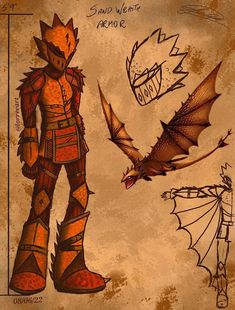 a drawing of a man in armor next to a dragon