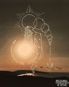 a drawing of a woman holding the sun in her hands