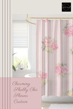 a shower curtain with pink roses on it and the words charming shabby chic shower curtain