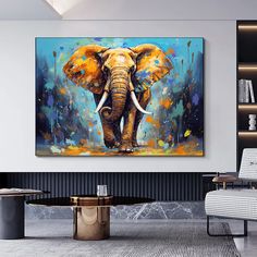 an elephant painting on the wall in a living room