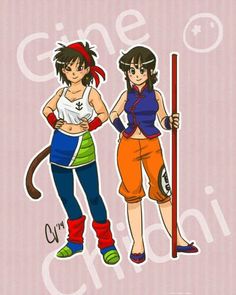 two anime characters standing next to each other with one holding a pole and the other wearing shorts