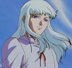 an anime character with long white hair and blue eyes looks at the camera while standing in front of a bright blue sky