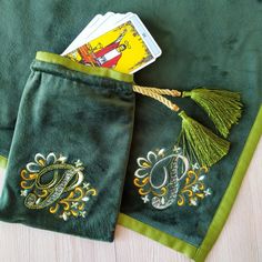 Green tarot bag, forest green tarot tablecloth, custom gift, gift for her, gift for Tarot reader Personalized Embroidery, Mala Beads, Beaded Bags, Silk Velvet, Custom Embroidery, Beauty Bag, Stitch Design