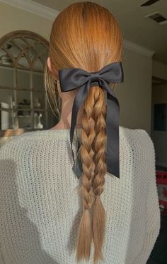 Two Braids With Bows At The End, Shirt Ponytail Hairstyles, Two Braids One Ponytail, One Ponytail With Two Braids, Cute Hairstyles With Bows Curly Hair, Ways To Wear Bows In Your Hair, Velvet Bow Hairstyle, Silk Bow Hair, Hairstyle With Big Bow