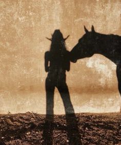 a shadow of a person standing next to a horse