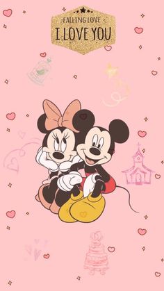 two mickey and minnie mouses hugging in front of a pink background with hearts on it