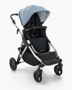 a baby stroller with a blue canopy and black wheels, on a white background