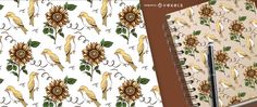 two notebooks with sunflowers and birds on them, one has a pen in it