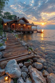 a wooden dock sitting next to a body of water near a house with lights on it