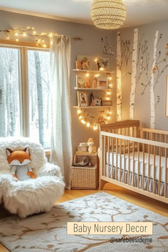 A cozy woodland-themed nursery featuring a rustic wooden crib, tree wall decals, shelves with fairy lights, a fluffy chair with a fox plushie, and a soft rug. The room has a large window bringing in natural light, creating a serene and inviting atmosphere. *We may earn a small commission from your purchase. 💕 Whinny Pooh Nursery, Nursery Fairy Lights, Woodland Theme Nursery Gender Neutral, Calming Nursery Ideas, Christian Baby Nursery, Gender Neutral Nursery Farmhouse, Twin Girl Nursery Ideas, Simple Baby Room Ideas