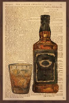 an old bottle and glass sitting on top of a book page with the words whiskey written in