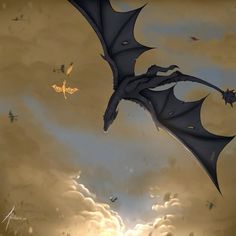 a black dragon flying through the air with clouds in the back ground and yellow sky behind it