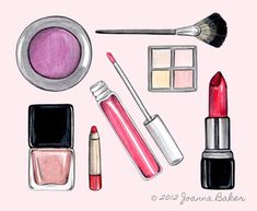 a watercolor painting of makeup and cosmetics