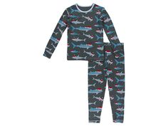 Kickee Pants Kids Long Sleeve Pajama Set (Toddler/Little Kids/Big Kids) - Kid's Pajama Sets : Pewter Santa Sharks : The supersoft KICKEE Pants Kids Long Sleeve Pajama Set is the perfect loungewear to relax in from morning-til-night. The two-piece set is crafted in a breathable blended knit featuring a fun allover print. Snug-fit pajamas are designed with an easy slip-on design to ensure long-lasting comfort. Crew-neck top constructed with a ribbed-knit collar, long-sleeve coverage, tagless desig Pants Print, Sleepover Bag, Kickee Pants, Soft Pajamas, Kids Pants, Flame Retardant, Kids Pajamas, Pajama Sets, Long Sleeve Pyjamas