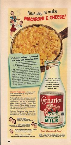 an old advertisement for macaroni and cheese with the caption's information