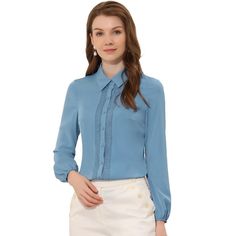 Create an elegant look with this button-up shirt, an essential for every wardrobe. This plain-colored blouse features a button-up at the front, the lace insert, and a regular fit, giving a more elegant and business-like look. A good versatile blouse that could be worn anytime, is well paired with your jeans, hip skirts, and long pants for a charming style. Soft and lightweight Woven fabric ensures all-day comfort. Occasion: Business, Office, Meeting, Career, Work, Coffee Shop, Casual, Daily wear Smart Solid Color Office Shirt, Smart Office Shirt, Light Blue Buttoned Blouse For Work, Solid Color Button-up Business Blouse, Solid Color Button-up Blouse For Business, Solid Button-up Shirt For Office, Button-up Blouse For Business, Elegant Light Blue Button-up Shirt, Light Blue Button Blouse For Work