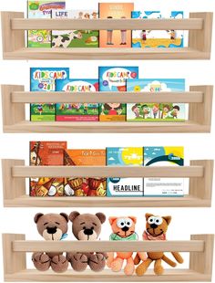 three wooden shelves with books and stuffed animals on them