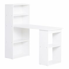 a white desk and bookcase against a white background